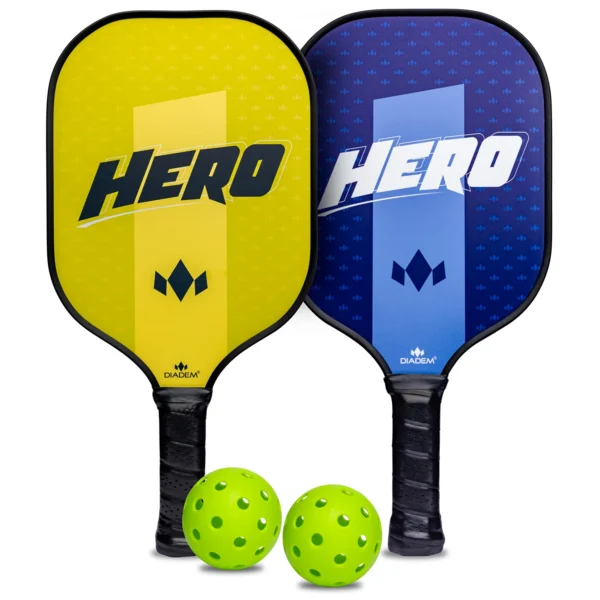 Hero Starter Kit v2 Hero Pickle Ball Starter Kit including 2 paddles Blue Yellow 2 balls 1 mesh bag